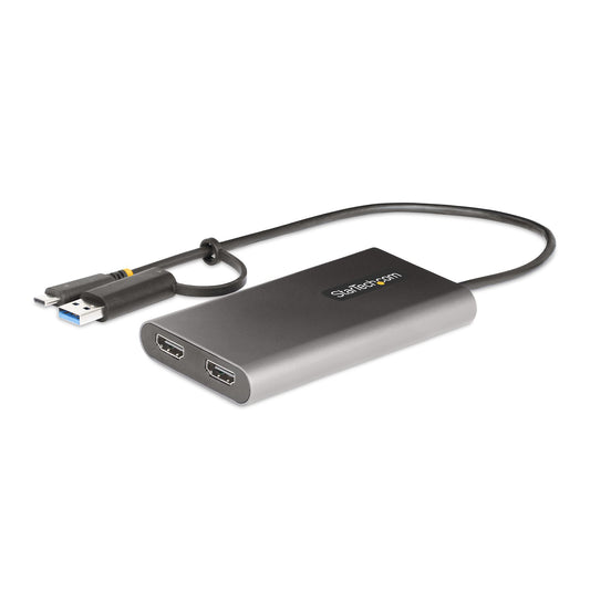 StarTech USB-C to Dual-HDMI Adapter - USB-C or A to 2x HDMI - 4K 60Hz - 100W Power Delivery Pass-Through - 1ft (30cm) Built-in Cable - USB to HDMI Multi-Monitor Converter for Laptop - TAA