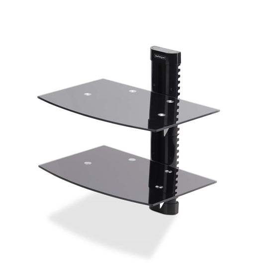 StarTechDual Floating Wall-Mounted AV Shelves, Adjustable Height Shelf For Under TV, Organize A/V Equipment On Black Tempered Glass Shelves