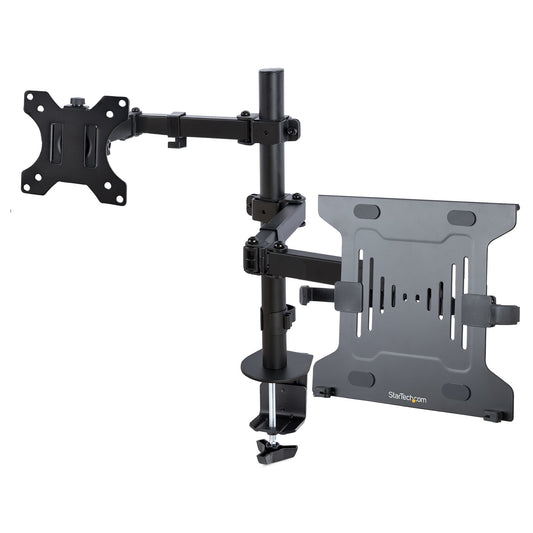 StarTech Monitor Arm with VESA Laptop Tray, For a Laptop (4.5kg/9.9lb) and a Single Display up to 32" (8kg/17.6lb), Black, Vented Tray, Adjustable Laptop Arm Mount, C-clamp/Grommet Mount