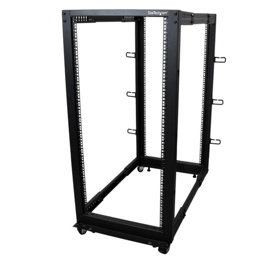 StarTech4-Post 25U Mobile Open Frame Server Rack, Four Post 19in Network Rack with Wheels, Rolling Rack with Adjustable Depth for Computer/AV/Data/IT Equipment - Casters, Leveling Feet or Floor Mounting