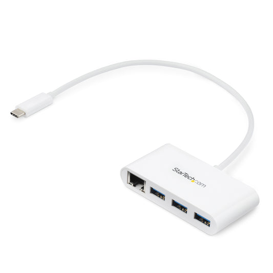 StarTech 3-Port USB-C Hub with Gigabit Ethernet - USB-C to 3x USB-A - USB 3.0 Hub - White~3-Port USB-C Hub with Gigabit Ethernet - USB-C to 3x USB-A - USB 3.0 Hub - 5Gbps - White