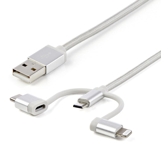 StarTech1 m (3 ft.) USB Multi Charging Cable - USB to Micro-USB or USB-C or Lightning for iPhone / iPad / iPod / Android - Apple MFi Certified - 3 in 1 USB Charger - Braided