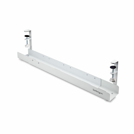StarTechUnder Desk Cable Management Tray, Length Adjustable Cable Organizer, Clamp-On Installation, No Drilling Required, Power Bar Holder, White