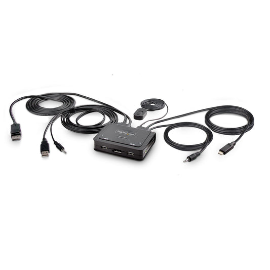 StarTech2-Port Hybrid USB-C DisplayPort Cable KVM Switch, 4K 60Hz, Compact KVM with 6ft/1.8m USB-A/DisplayPort/Audio & 4ft/1.2m USB-C Integrated Host Cables, Bus Powered - Remote Push Button/Hotkey Switching