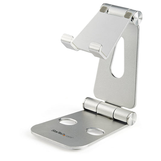 StarTech Phone and Tablet Stand - Foldable Universal Mobile Device Holder for Smartphones & Tablets - Adjustable Multi-Angle Ergonomic Cell Phone Stand for Desk - Portable - Silver
