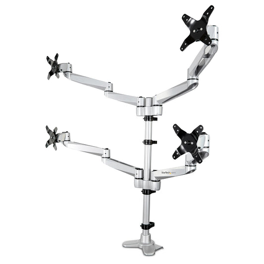 StarTech Desk Mount Quad Monitor Arm ‚Äì Premium Articulating VESA 4 Monitor Mount 2x2 up to 30" ‚Äì Ergonomic Height Adjustable Pole Mount - Tilt/Swivel/Rotate - C-Clamp/Grommet - Silver