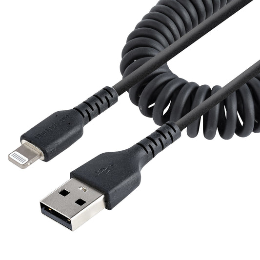 StarTech 50cm (20in) USB to Lightning Cable, MFi Certified, Coiled iPhone Charger Cable, Black, Durable TPE Jacket Aramid Fiber, Heavy Duty Coil Lightning Cable