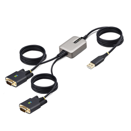 StarTech13ft (4m) 2-Port USB to Serial Adapter Cable, Interchangeable DB9 Screws/Nuts, COM Retention, USB-A to DB9 RS232, FTDI, Level-4 ESD Protection, Windows/macOS/ChromeOS/Linux - Rugged TPE Construction