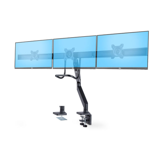 StarTechCrossbar Triple Monitor Desk Mount For Up To Three 27in Screens, VESA 75x75/100x100, Tool-Less Arm Adjustments, C-Clamp/Grommet, Spring-Assisted Arm