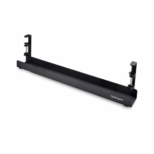 StarTechUnder Desk Cable Management Tray, Length Adjustable Cable Organizer, Clamp-On Installation, No Drilling Required, Power Bar Holder, Black