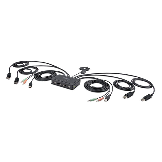 StarTech2-Port Dual-Monitor DisplayPort Cable KVM Switch, 4K 60Hz, Compact KVM with 5ft/1.5m USB-A/DisplayPort/Audio Integrated Cables, Bus Powered - Remote Push Button/Hotkey Switching