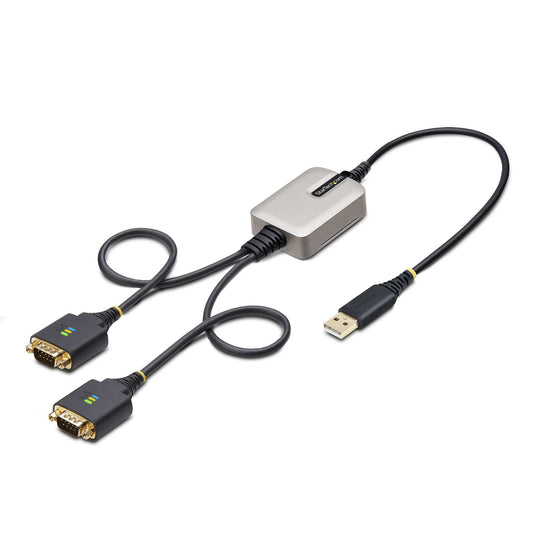 StarTech2ft (60cm) 2-Port USB to Serial Adapter Cable, Interchangeable DB9 Screws/Nuts, COM Retention, USB-A to DB9 RS232, FTDI, Level-4 ESD Protection, Windows/macOS/ChromeOS/Linux - Rugged TPE Construction